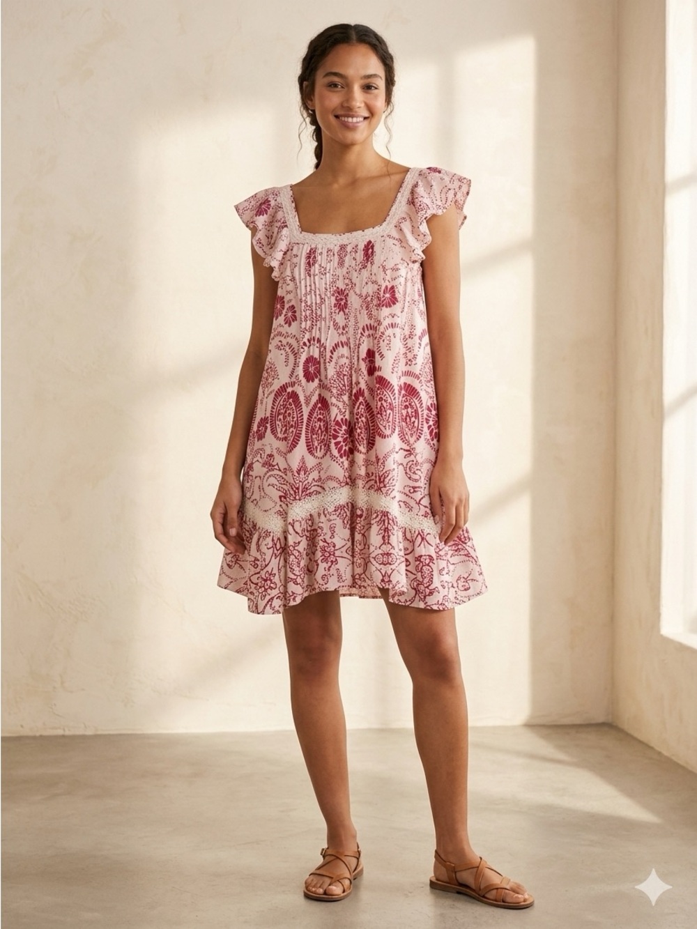 Maeve by Anthropologie Red and White  Floral Ruffle-Sleeve Mini Dress